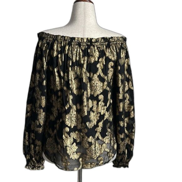 HALE BOB Viola Top Off Shoulder Black & Metallic Gold Floral Blouse Goth Size S - Picture 3 of 11